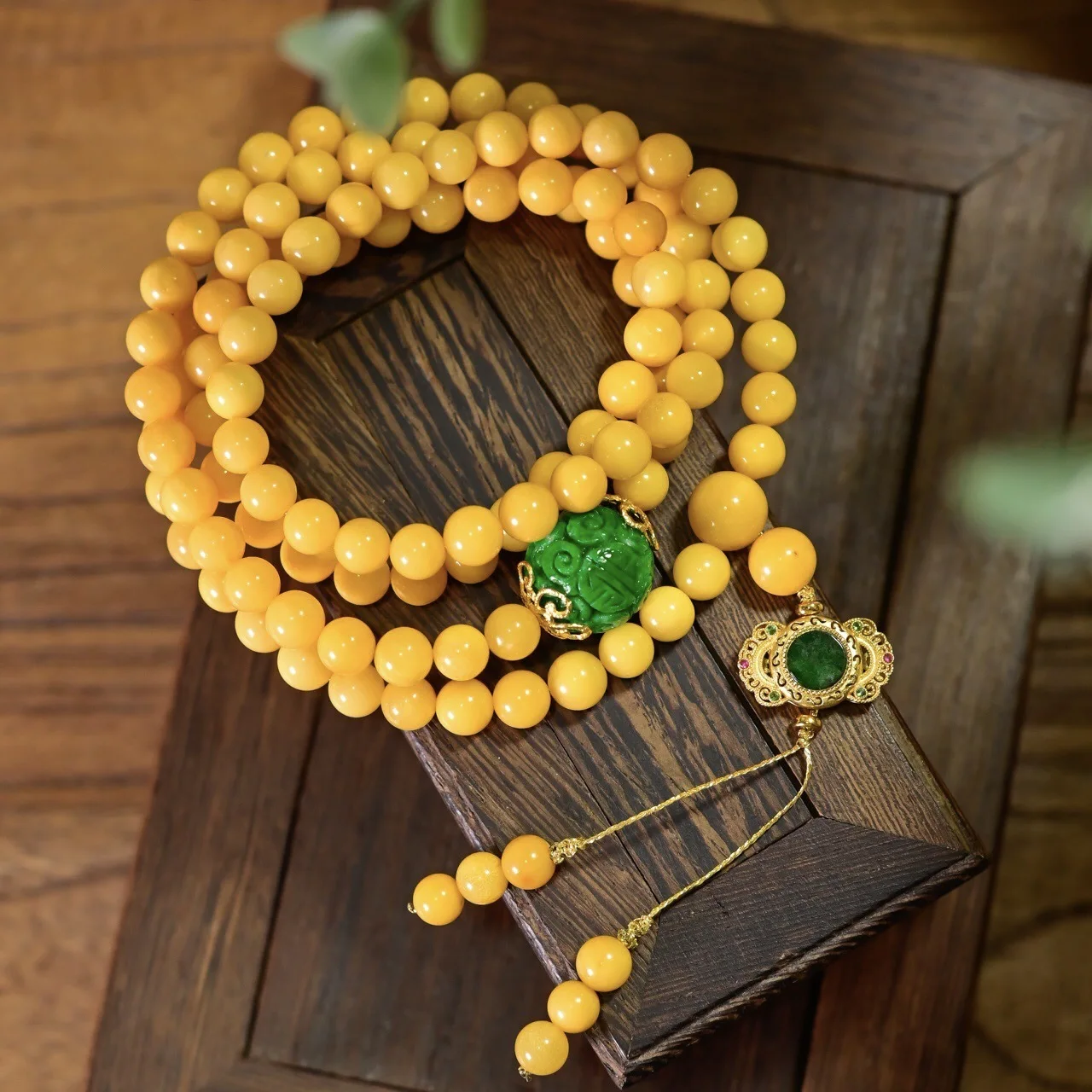 108 Beads Natural Old Tone Amber Bracelet, A Grade Jadeite Round Bead, Silver Gold Plated, Chinese Vintage Multi-loop Bracelet