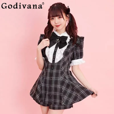 

Japanese Mine Mass-Produced Bow Ruffled Edge Cross Black Lolita Dress 2024 Summer New Fashion High Waist Slim Shorts Sets Women