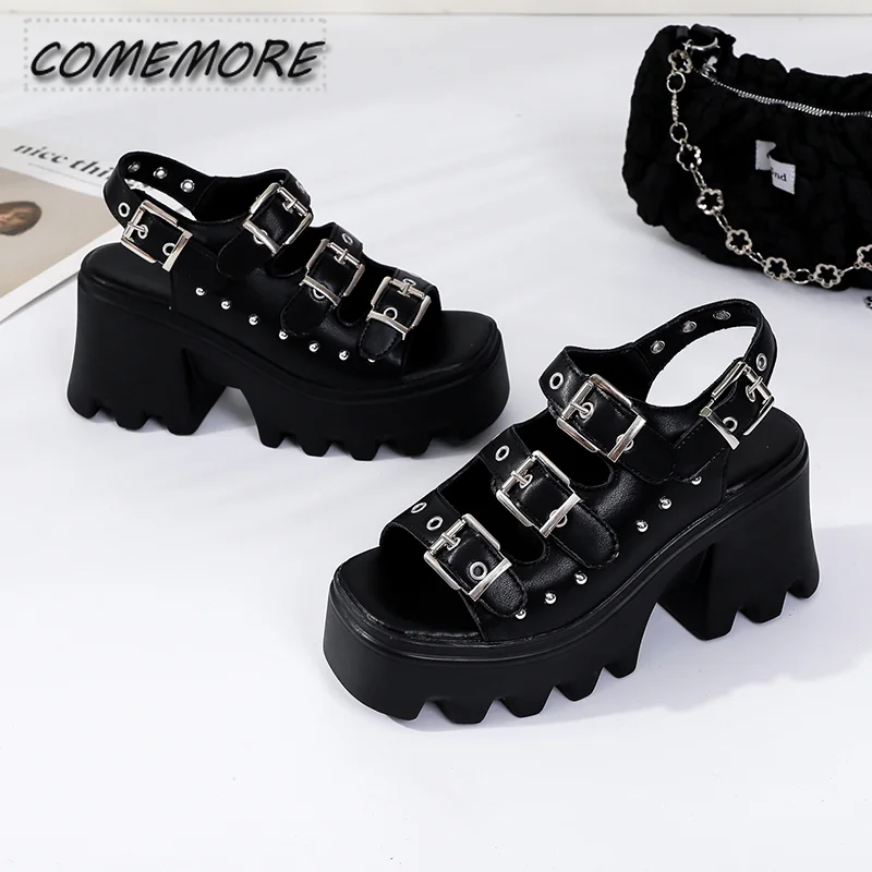 Women\'s Sandals with Heel Summer Punk Height Increasing Sandal Motorcycle Gothic Woman Shoes Leather Black Platform Gladiator PU