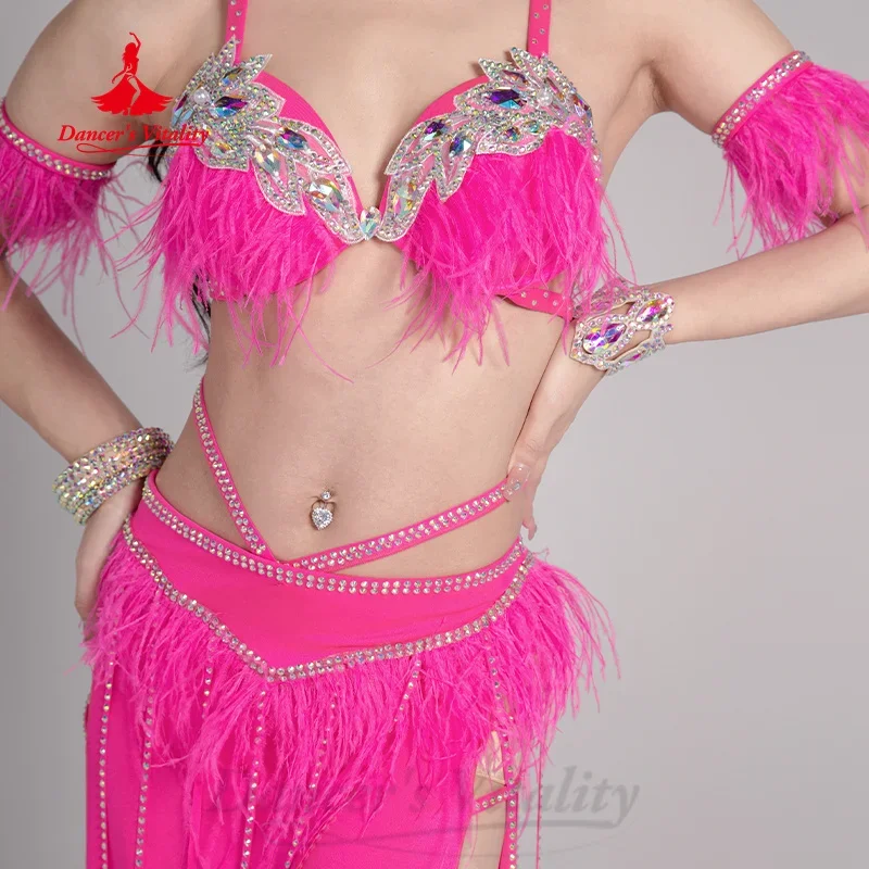 Kostium BellyDance dla kobiet dostosowany luksusowy biustonosz ze strasami + długa spódnica z frędzlami z piór 2 szt. Strój do tańca orientalnego