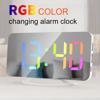 Dynamic RGB Color Changing Digital Alarm Clock Auto-dimming Dual USB Output Girl Mirror Wall-mounted Table Big LED Snooze Clocks