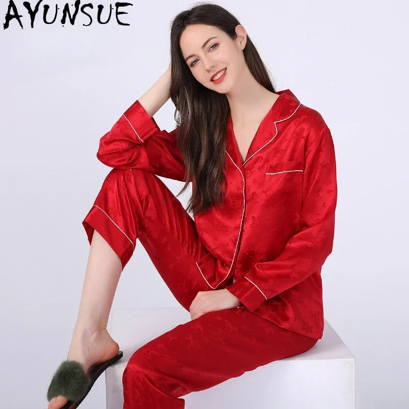 AYUNSUE 19Mm 100% Mulberry Silk Sleepwear Women Spring Summer Pajama Set Fashion Shirt Pants Sets 2026 Women's Home Clothes