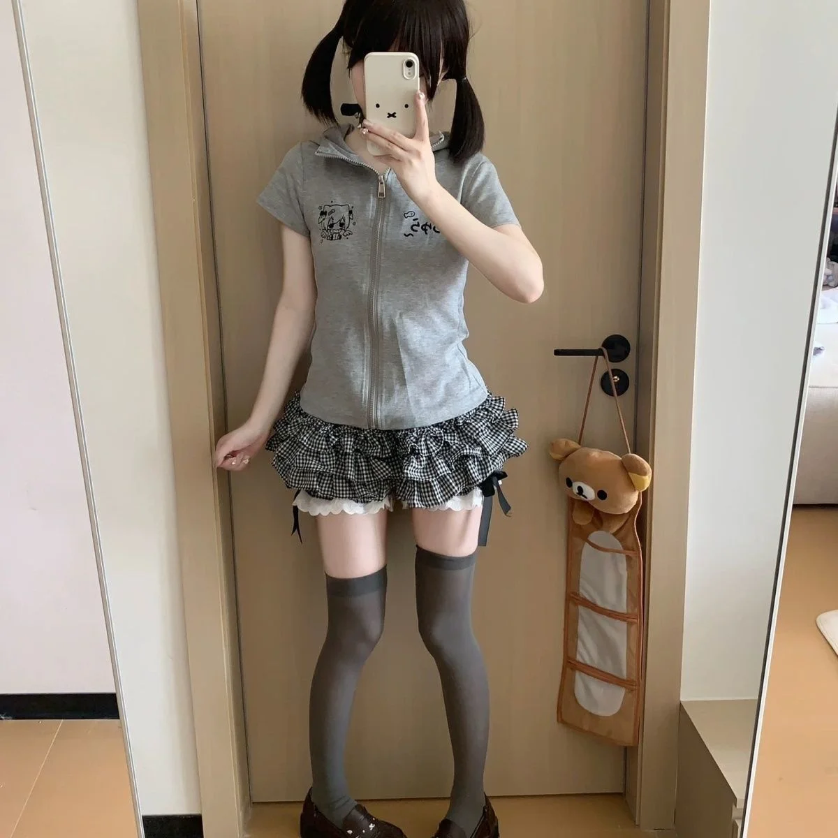 Japanese Y2K Harajuku Hot Girl Black and White Checkered Bow Elastic Waist Pants Summer New Trendy Versatile Lace Pants Skirt