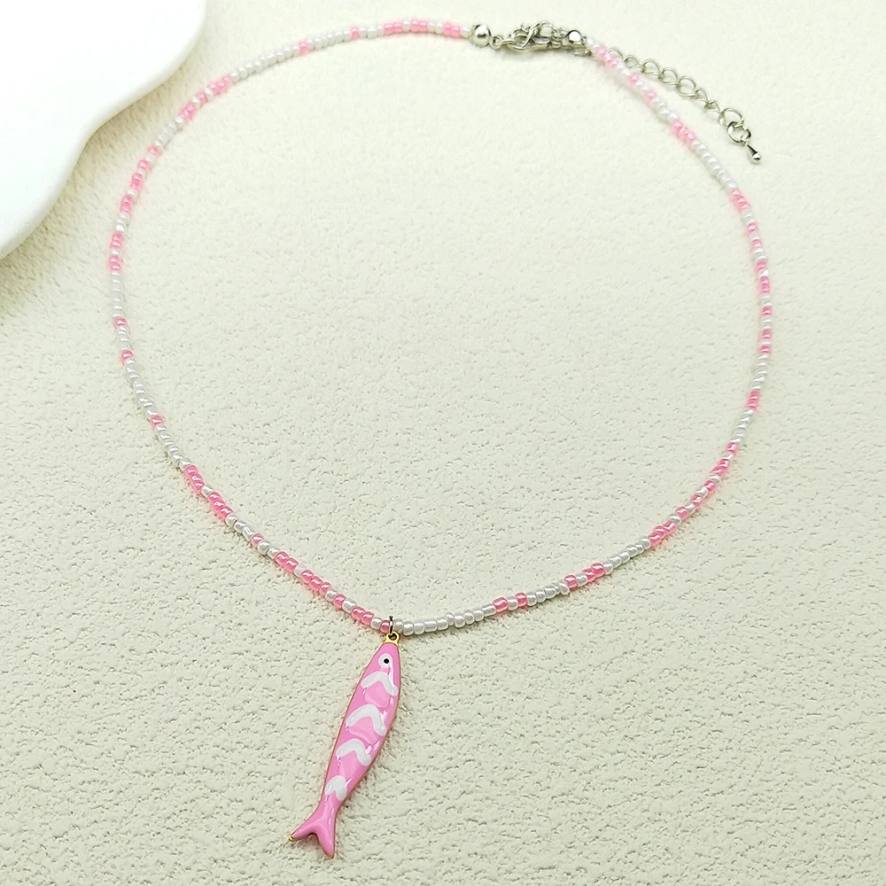 Bunte Fisch Anhänger Halskette für Frauen Mädchen handgemachte gewebte Perlen Dopamin Farbe Meer Party Sommer Mode Kette Halsband Schmuck – Detail 10