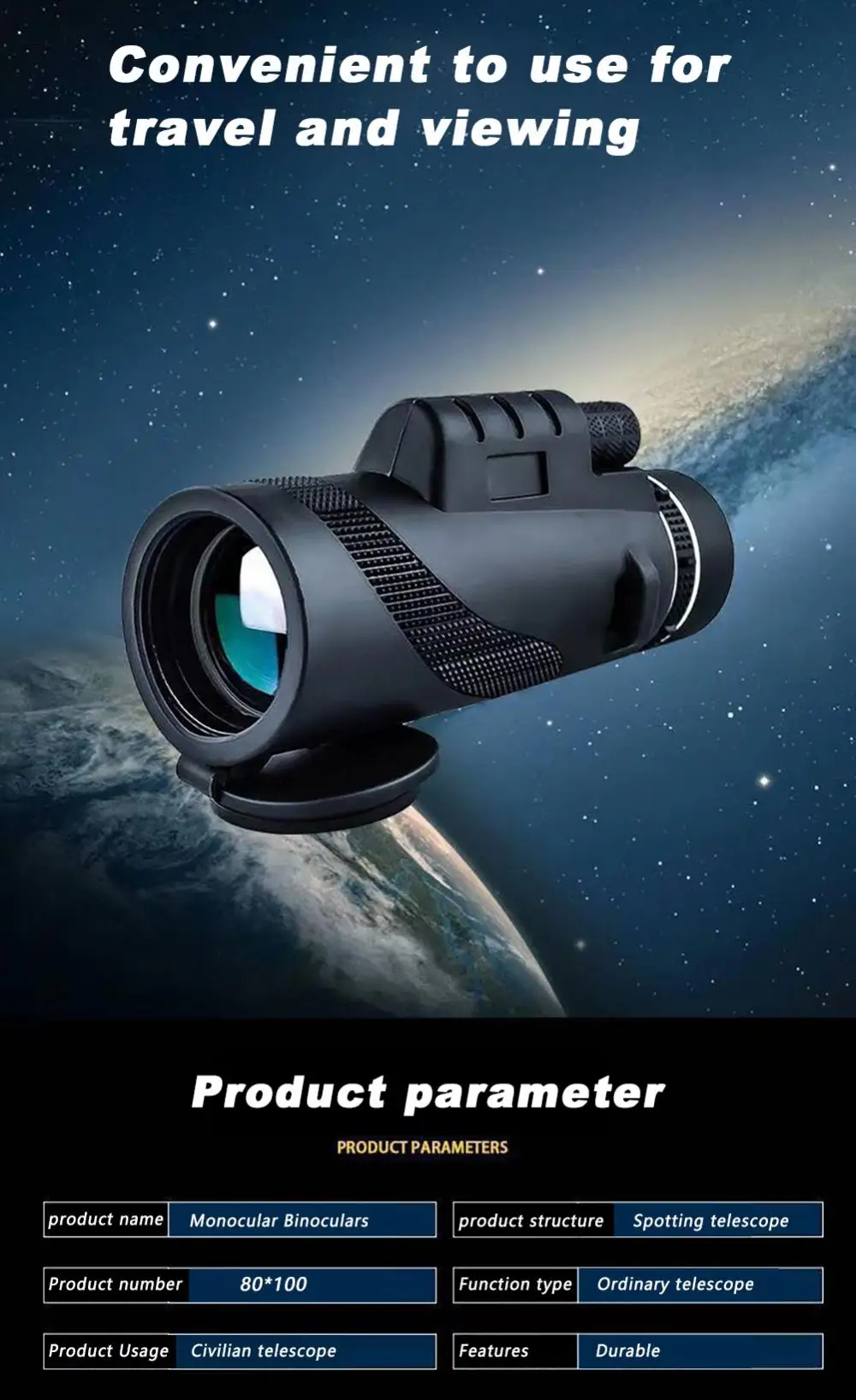 Imagem -02 - Telescópio Monocular Zoom de Longo Alcance Prisma Bak4 Tripé Clip 80x100 8000m Adequado para Caça Exterior Acampamento Vista Olímpica