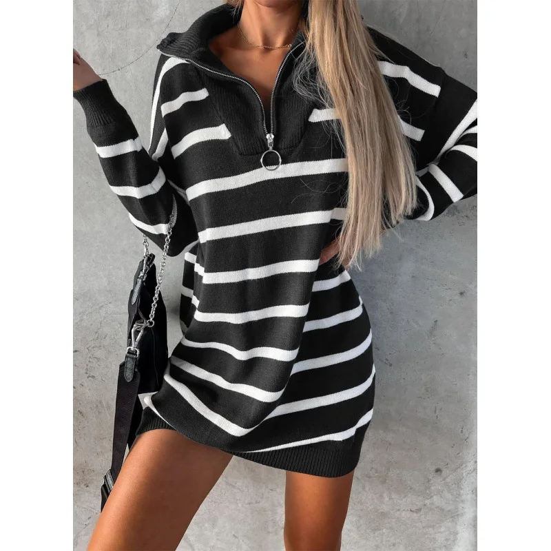 

Women'S Autumn And Winter New Long Sleeve Sweater Striped Loose Casual Knitted Dress