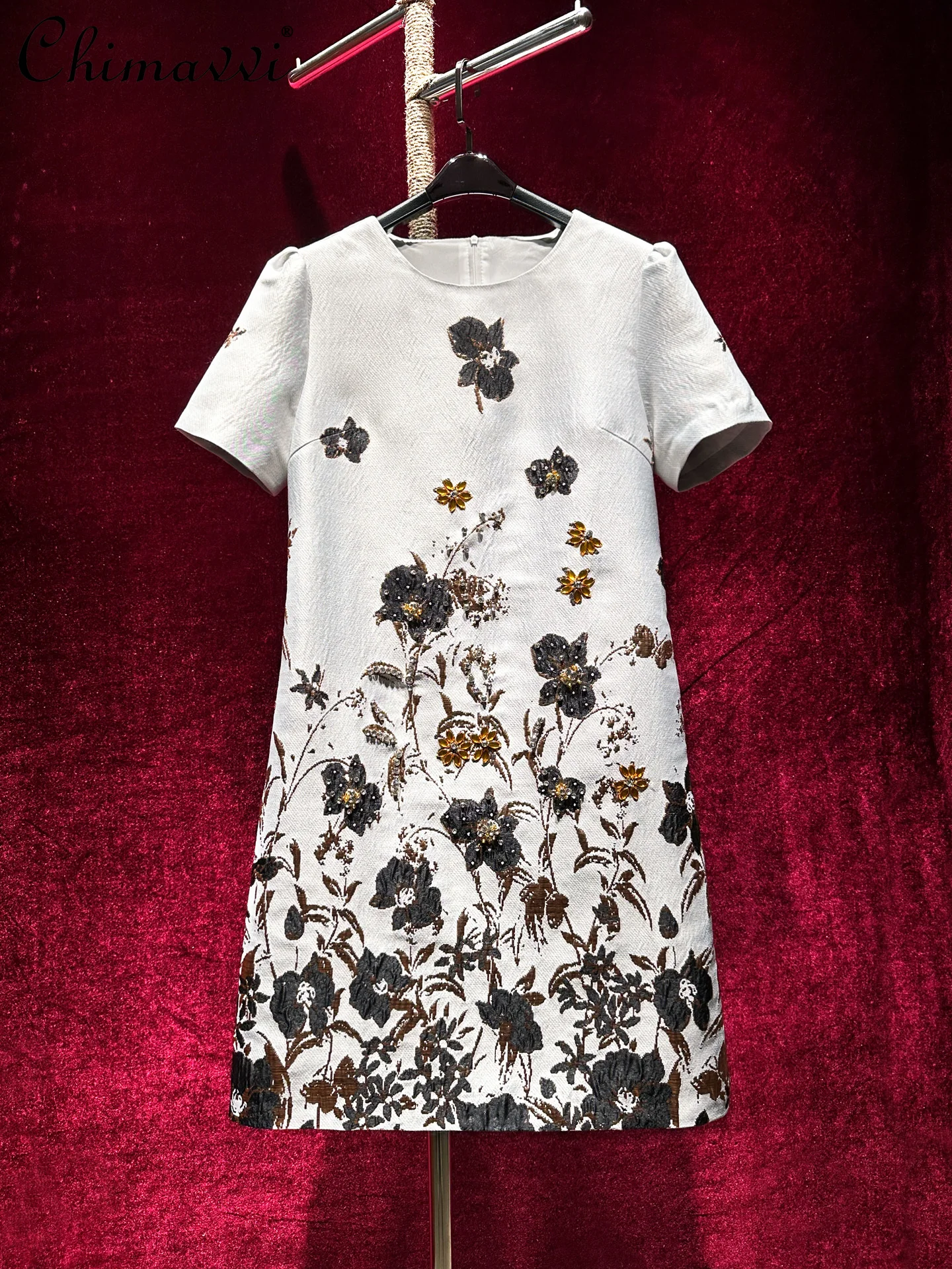 

French Light Luxury Gold Thread Jacquard High-end Heavy Bead Short-sleeved Dress Fashion Round Neck Slim Temperament Short Dress