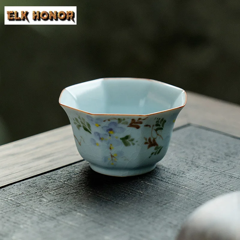

95ml Ru Kiln Hand-painted Wisteria Flower Teacup Zen Tea Bowl Cute Cup Tea-tasting Smelling Cup Chazhan Master Cups Teaware Gift