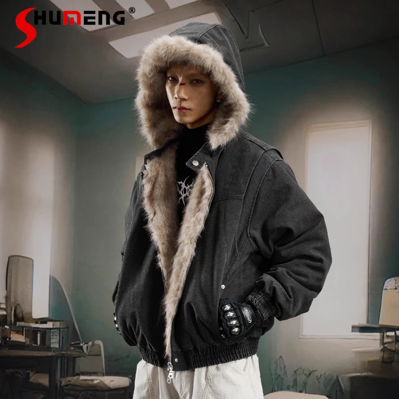 

Fashion Faux Fur Collar Hooded Solid Color Thickened Warm Parkas 2025 Winter Masculinity Handsome Parkas Long Sleeve Chic Coats
