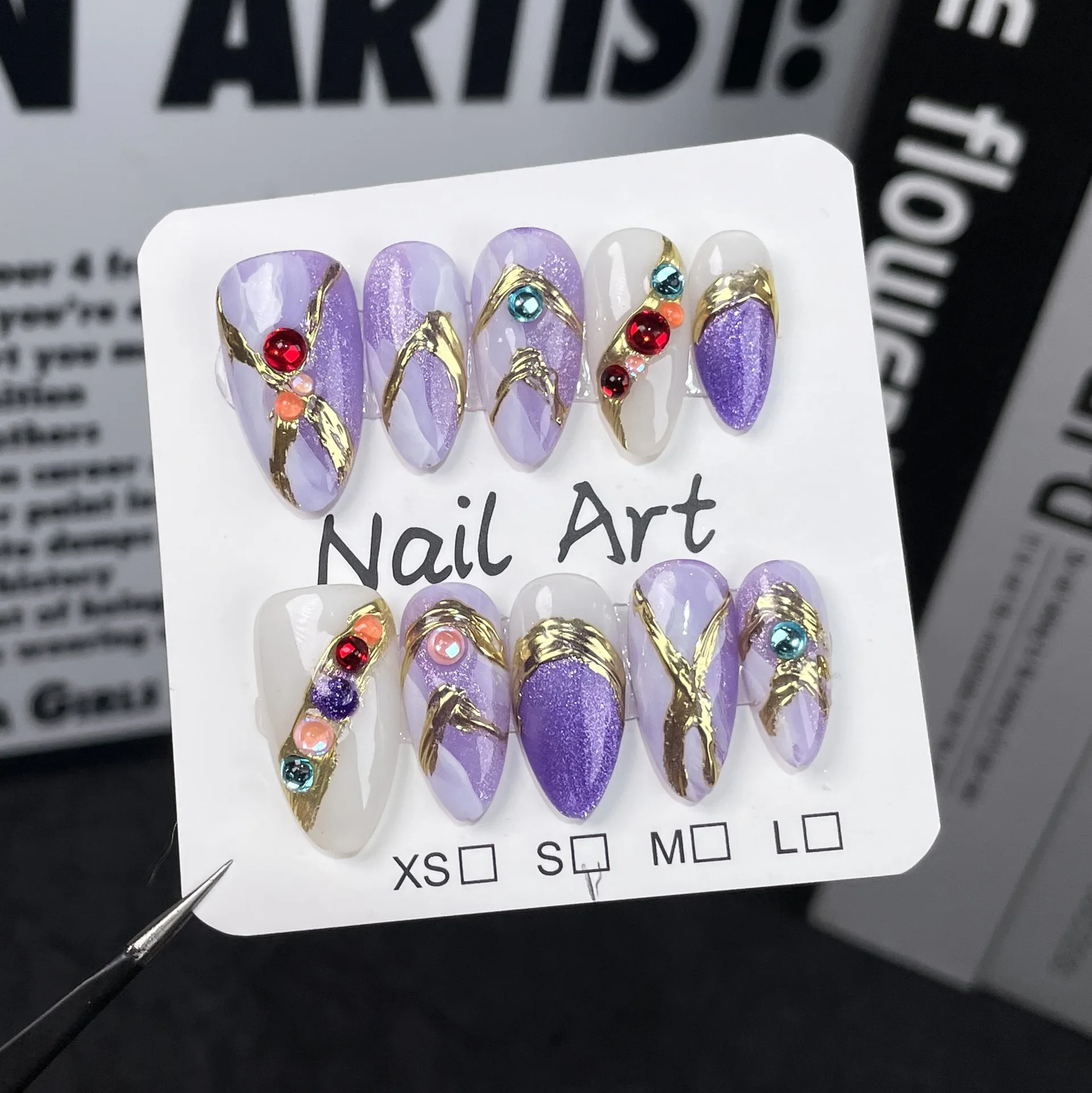 10pcs Handmade Fake Nails with Gem Crystal Shiny Purple Cat Eye Fake Nail Patches Wearable Full Cover Almond Press on Nails