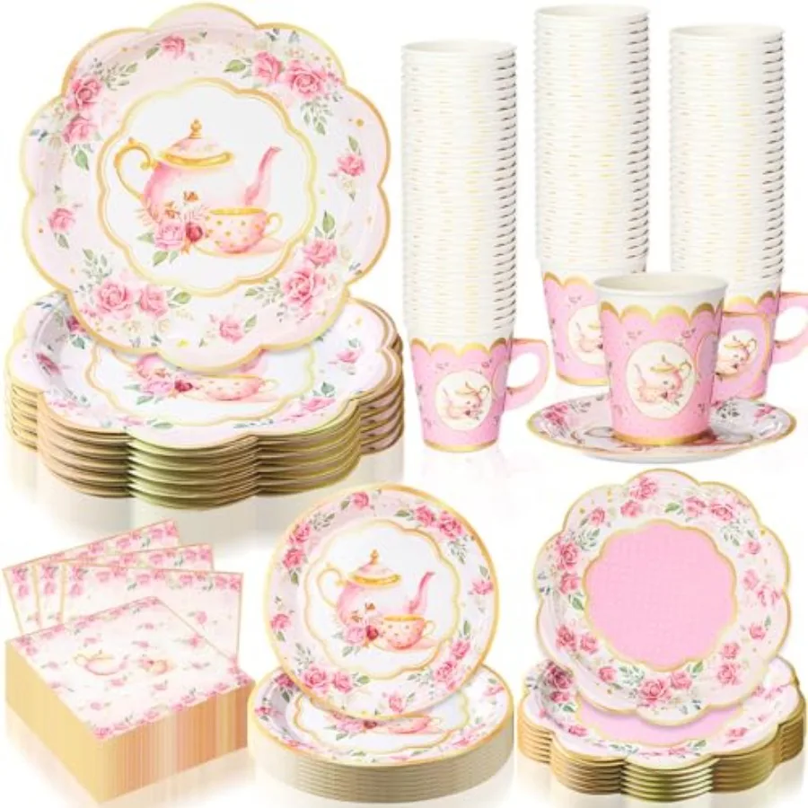 

Набор одноразовых чашек и блюдец для чаепития с цветочным узором, 250 шт., на 50 гостей, включая чайные чашки 9 и 7 дюймов, блюда, блюдца и салфетки.