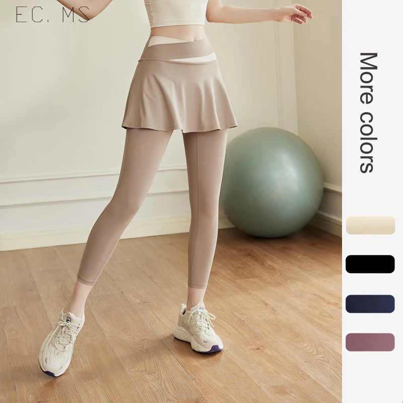 

Women Sports Skort Pleated Skirt with Long Leggings High Waist Color Blocking 2in1 Yoga Running Daily Pants