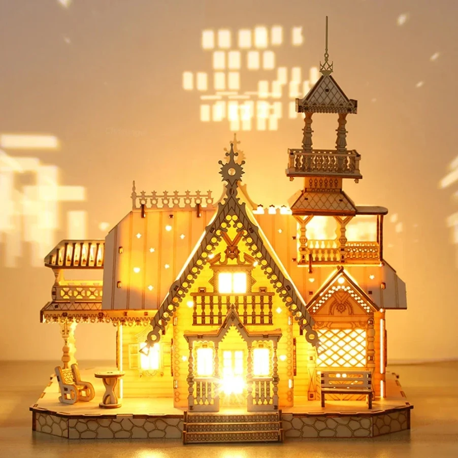 

DIY Villa 3D Wooden Model Kit with Light Castle Puzzles Assembly Toy Kid Adult DIY Model Kits Desk Decoration for Gift