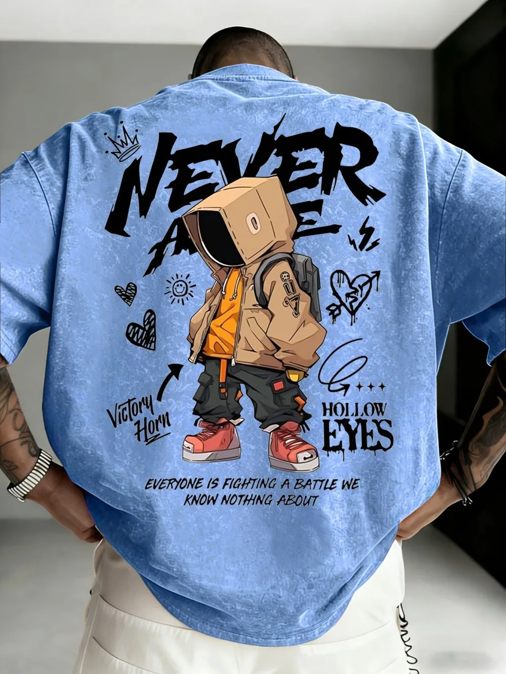 American men's summer popular cartoon cardboard box letter print micro elastic breathable round neck T-shirt outdoor street top