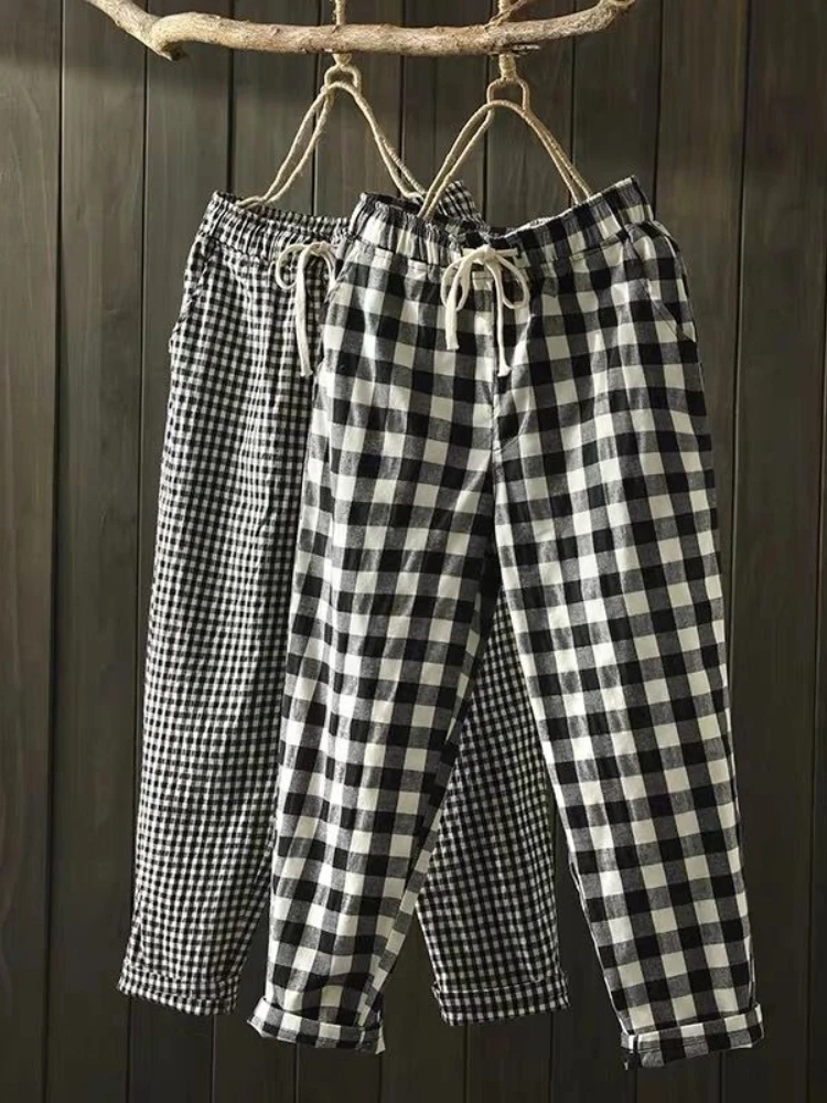 2024 Spring Summer Plaid Pants Women\'s  Harem Pants Capris Drawstring Waist Large Size Casual Loose Cotton Linen Trousers Women