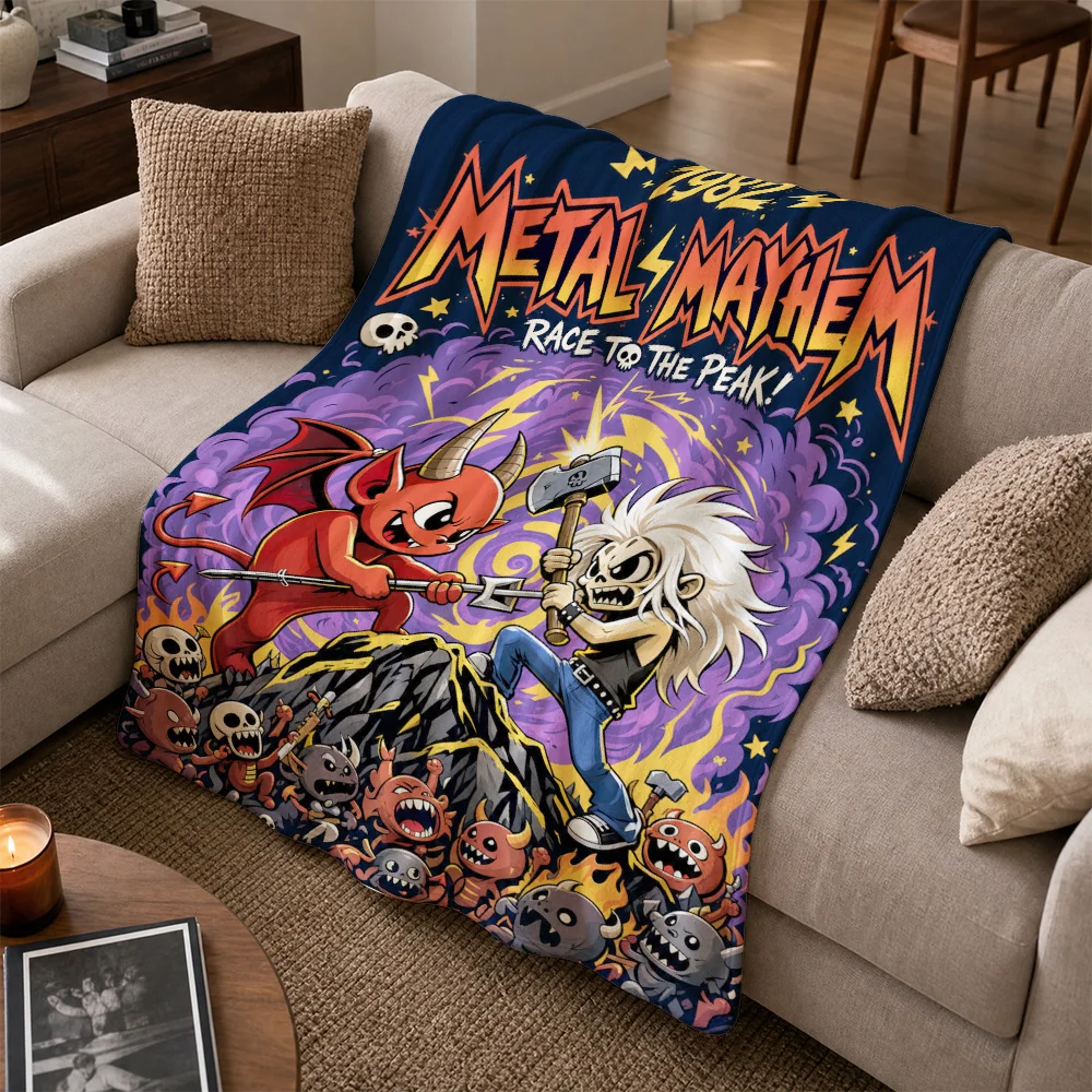Metal Mayhem Rock Theme Throw Blanket Sofa Couch Decor Punk Demon Skull Pattern Fleece Throw for Grunge Rock Home Gift