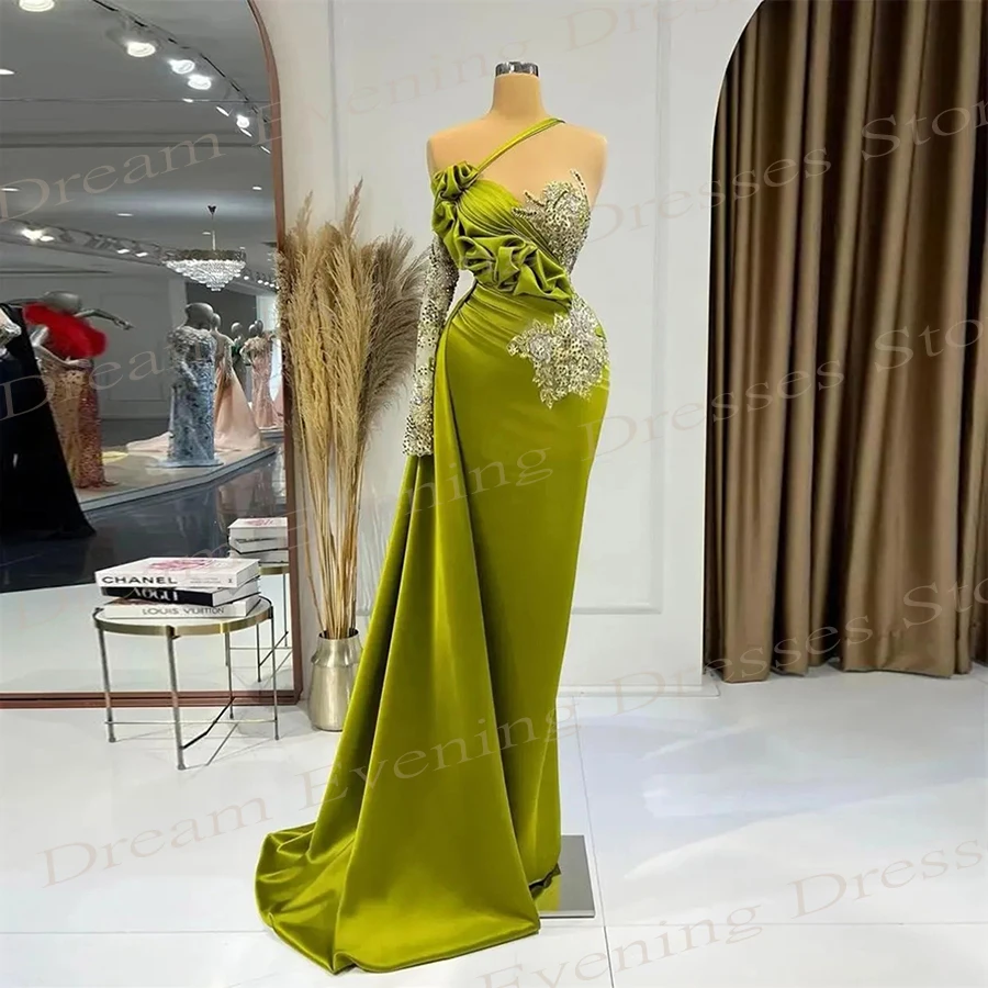 2024 Modern Green Women's Mermaid Elegant Evening Dresses New One Shoulder Beaded Prom Gowns Vestidos Para Eventos Especiales