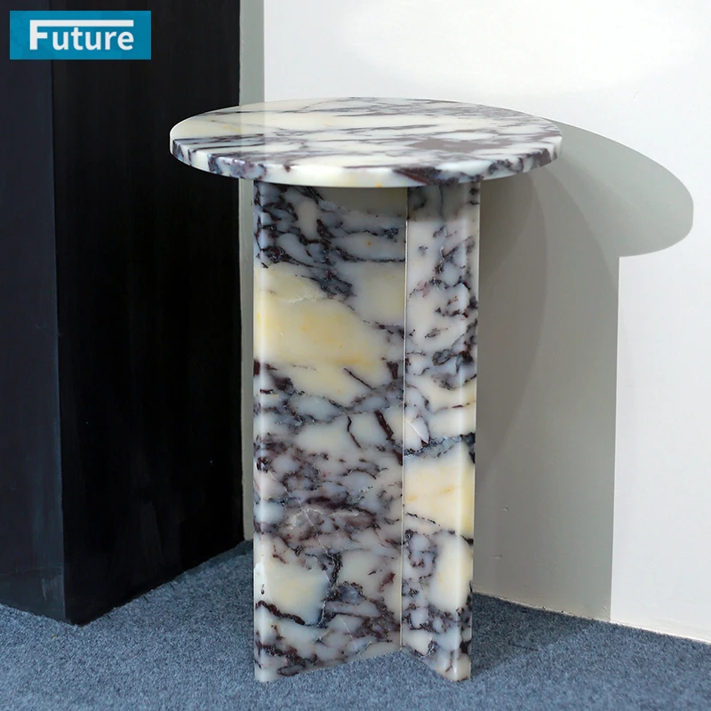 Mesa Auxiliar Moderna de Lujo con Tapa Redonda de Mármol Calacatta Viola, Mesa de Centro con Patas en Forma de T para Apartamento, Villa u Hotel
