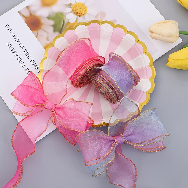 9M 4cm Width Fishtail Gradient Rainbow Oganza Ribbon for Gift Wrapping DIY Headwear Hat Decor Craft Accessories Sewing Supplies