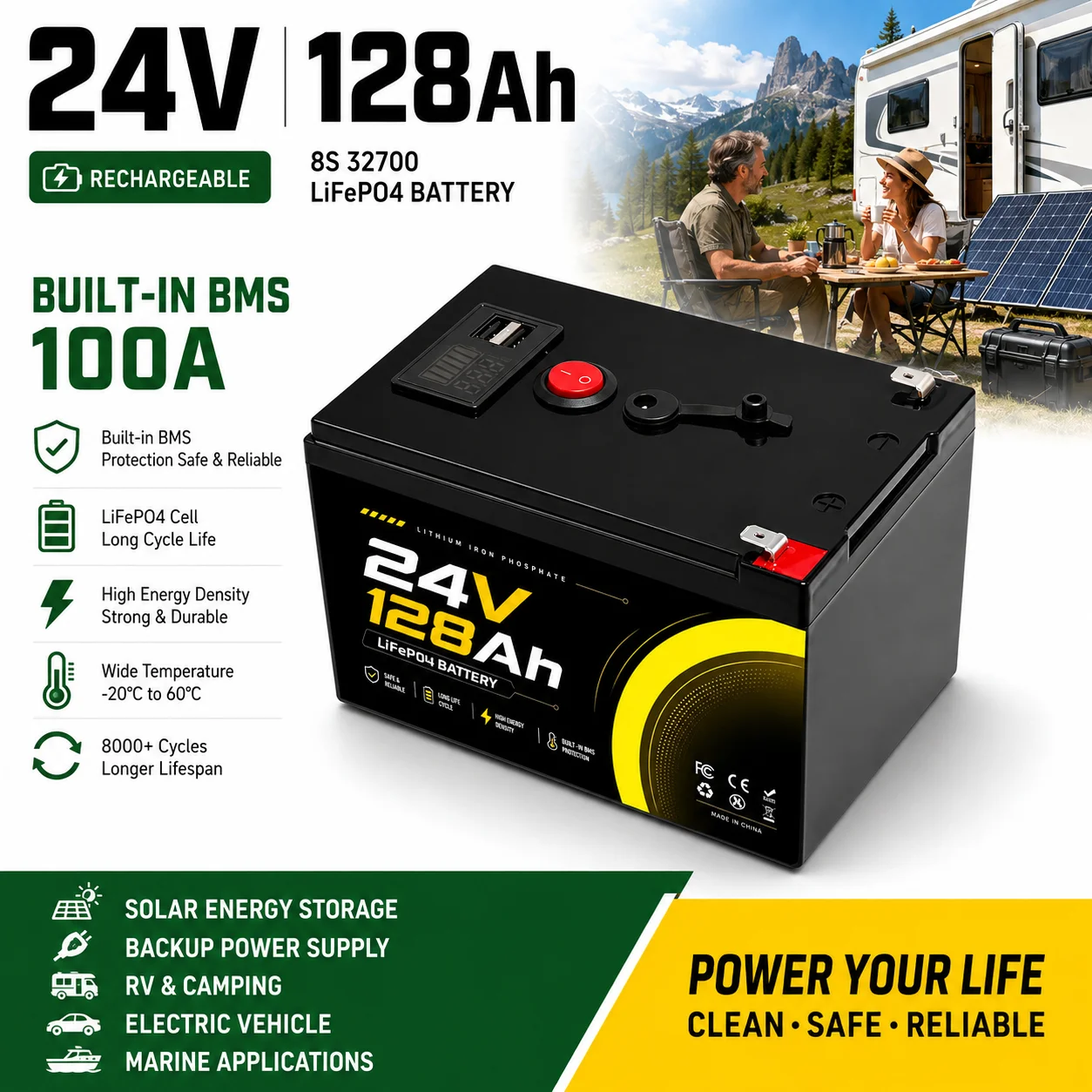 24V 128Ah LiFePO4 battery high capacity  built-in intelligent BMS for solar energy exploration RV off grid Portable rechargeable