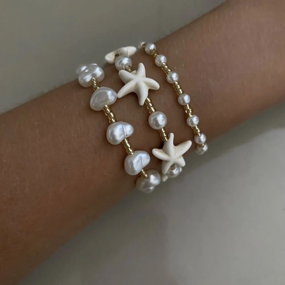3 шт./компл. модные браслеты для женщин, винтажные ракушки, морская звезда, искусственный жемчуг, бусины, цепочка ручной работы, ювелирные изделия, подарок на отпуск B067