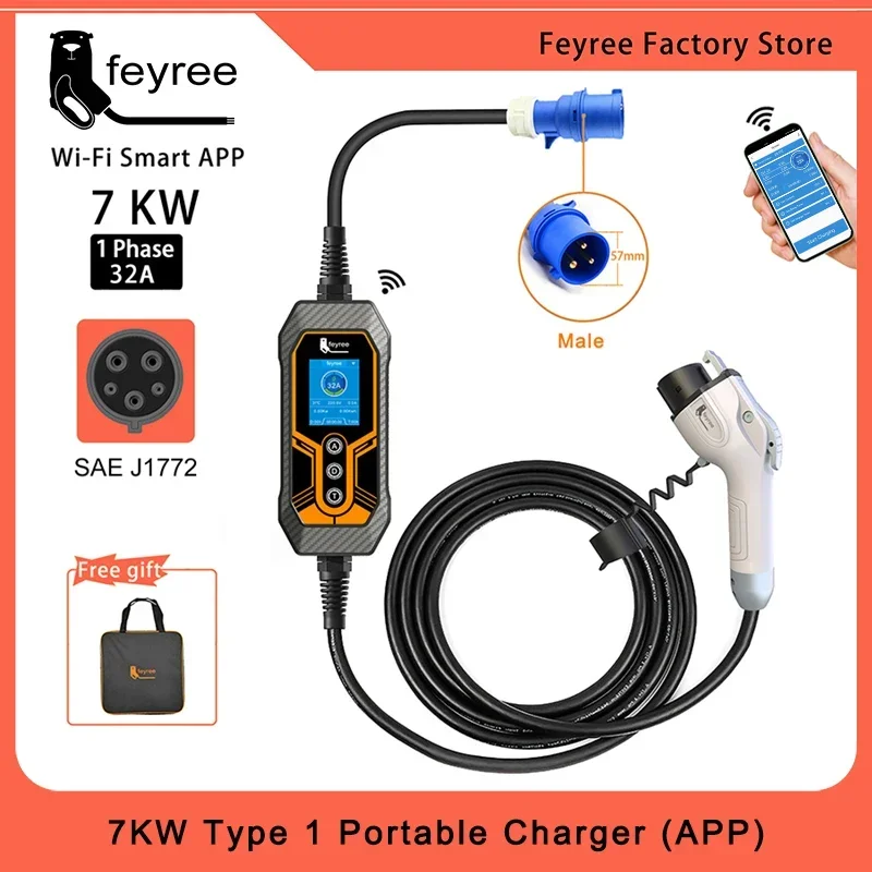 

feyree Portable EV Charger Wallbox Type1 j1772 Socket 32A 7KW 1Phase APP Control EVSE Portable Charging Box for Electric Vehicle