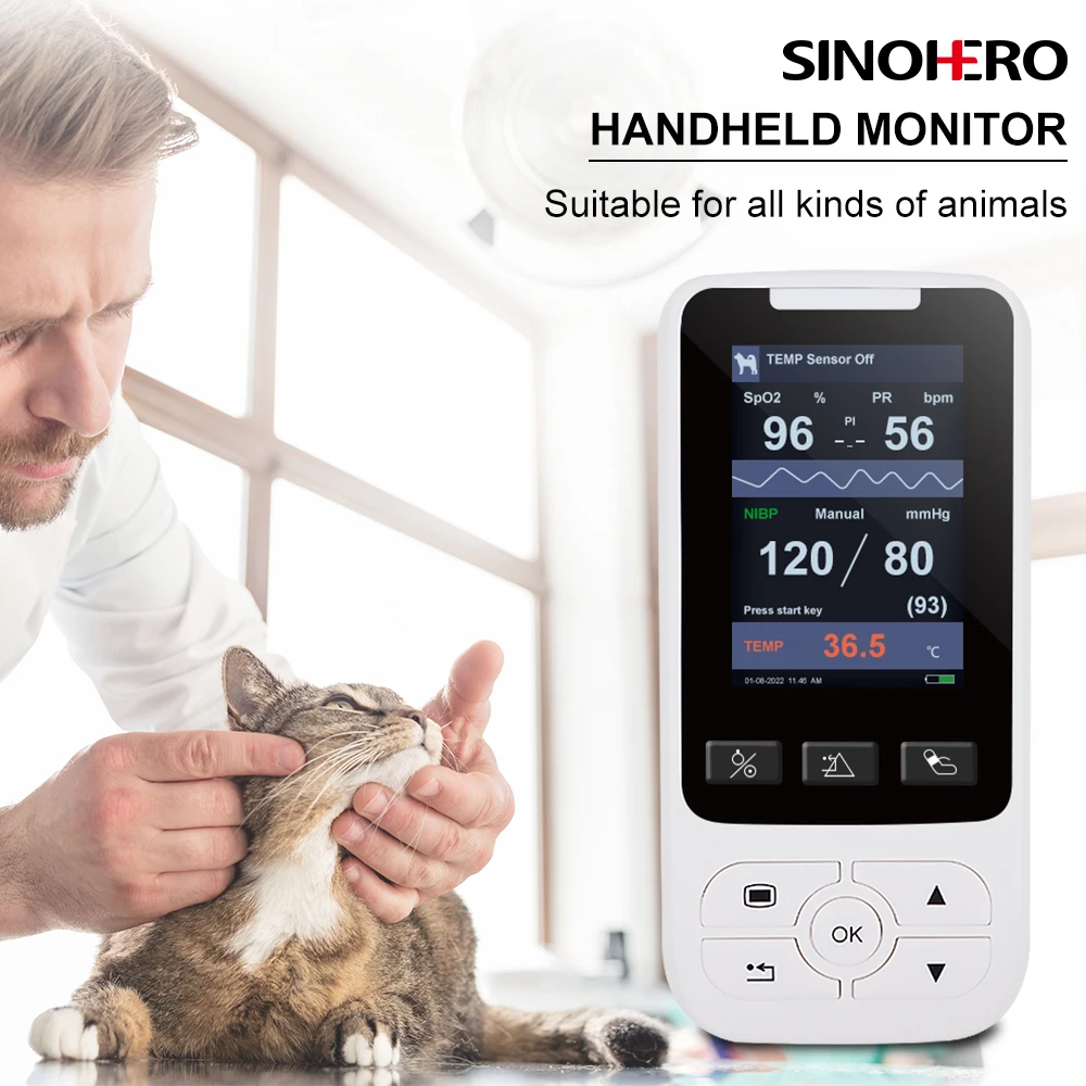 Sinohero SM50 Veterinary Portable Vital Signs Monitor Pulse Oximeter SPO2 Saturation NIBP TEMP Handheld CE Certified for Cats