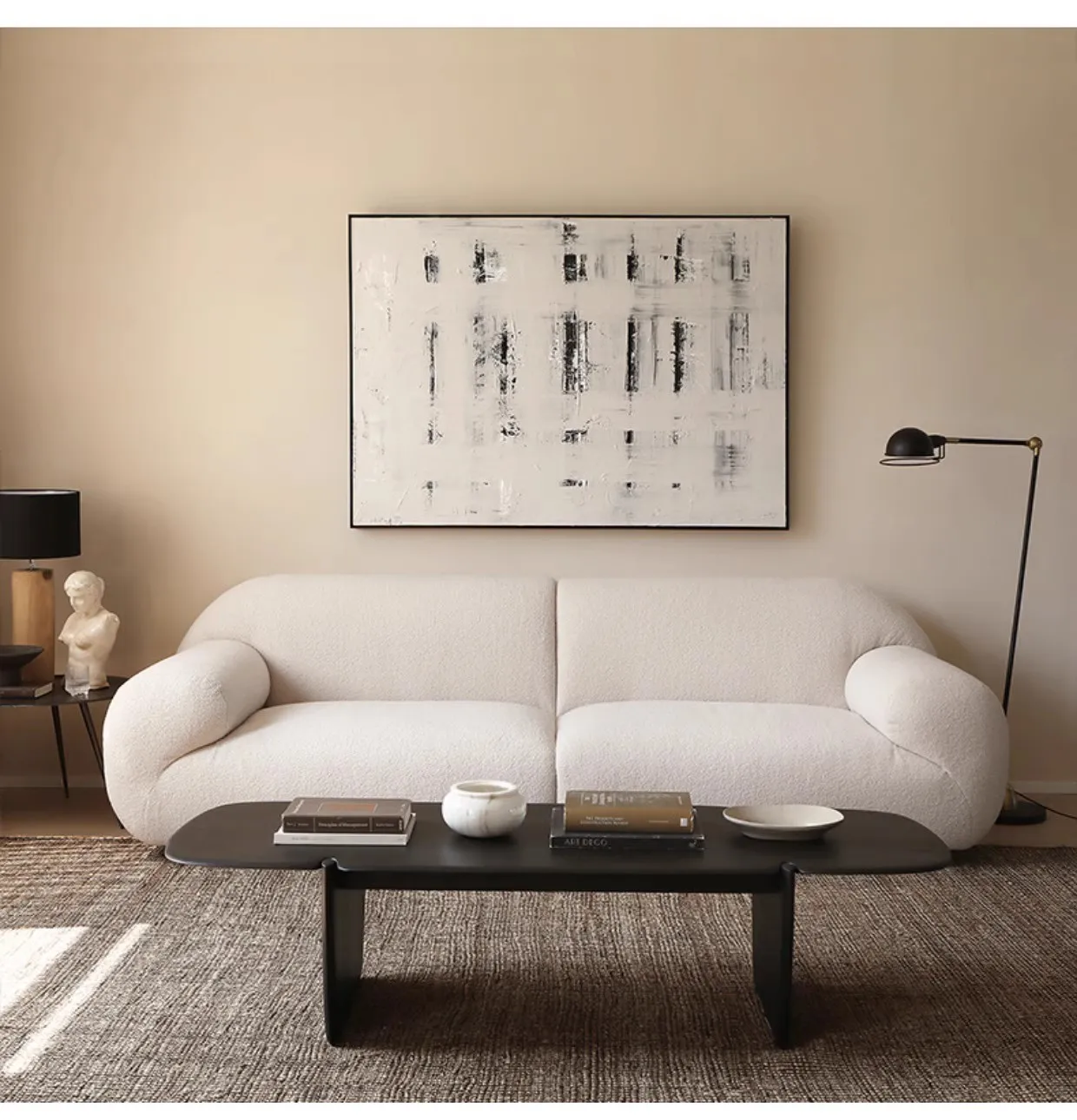 Nordic Wabi-sandy Wind Lamb Wool Fabric Sofa Cream Wind Living Room Small Apartment Bed And Breakfast Three-person Sofa