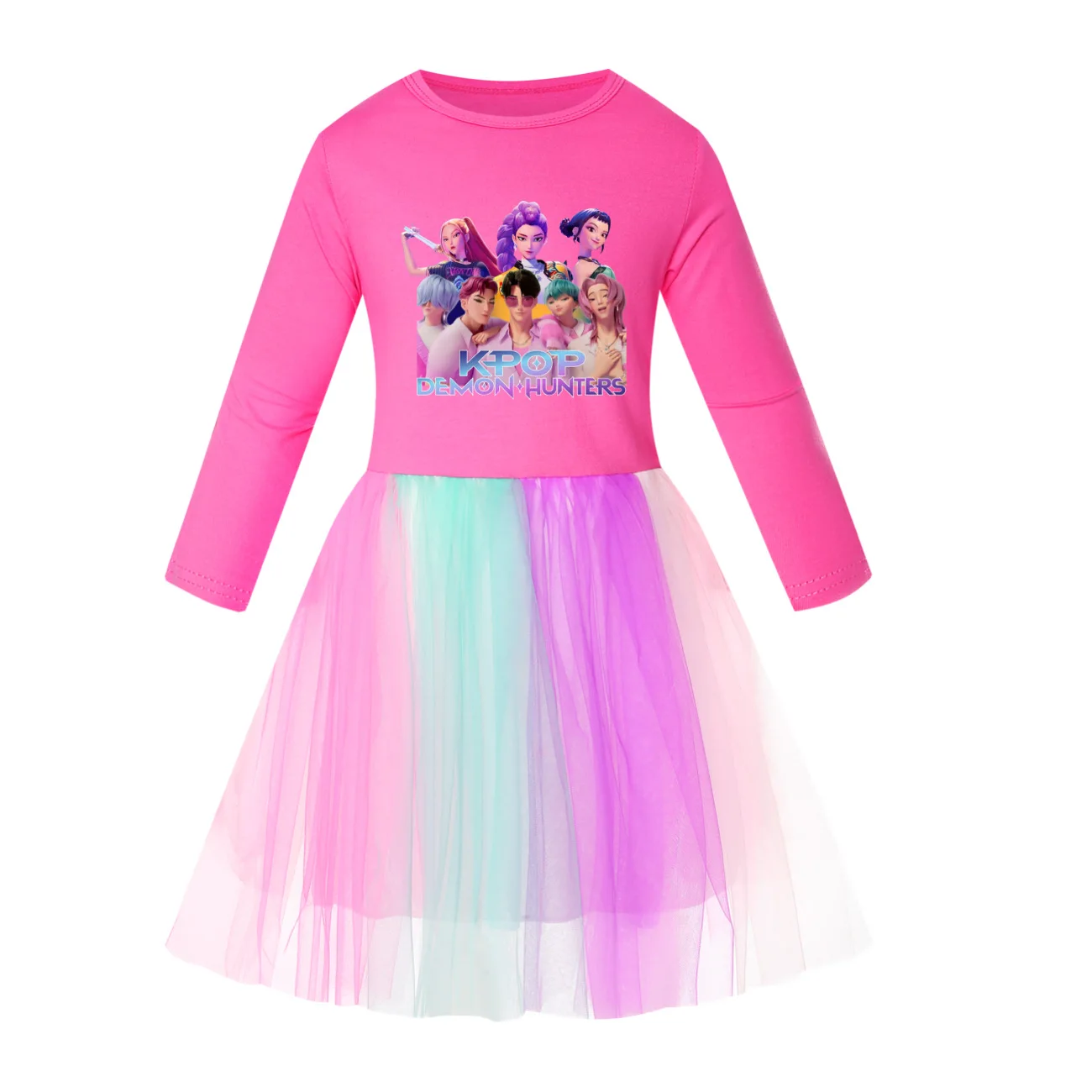 KPop 악마 사냥꾼 Huntrix 어린이 옷 긴 소매 드레스 레인보우 풀 드레스 십대 만화 소녀 의류 파티 의류 선물