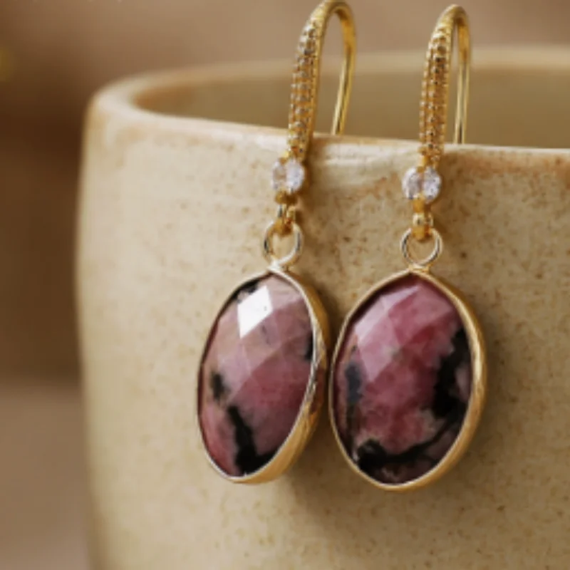 2026 New High Quality Natural Stone Egg Shaped Earrings, Medium To Long, Popular Retro Accessories for Attending Banquets