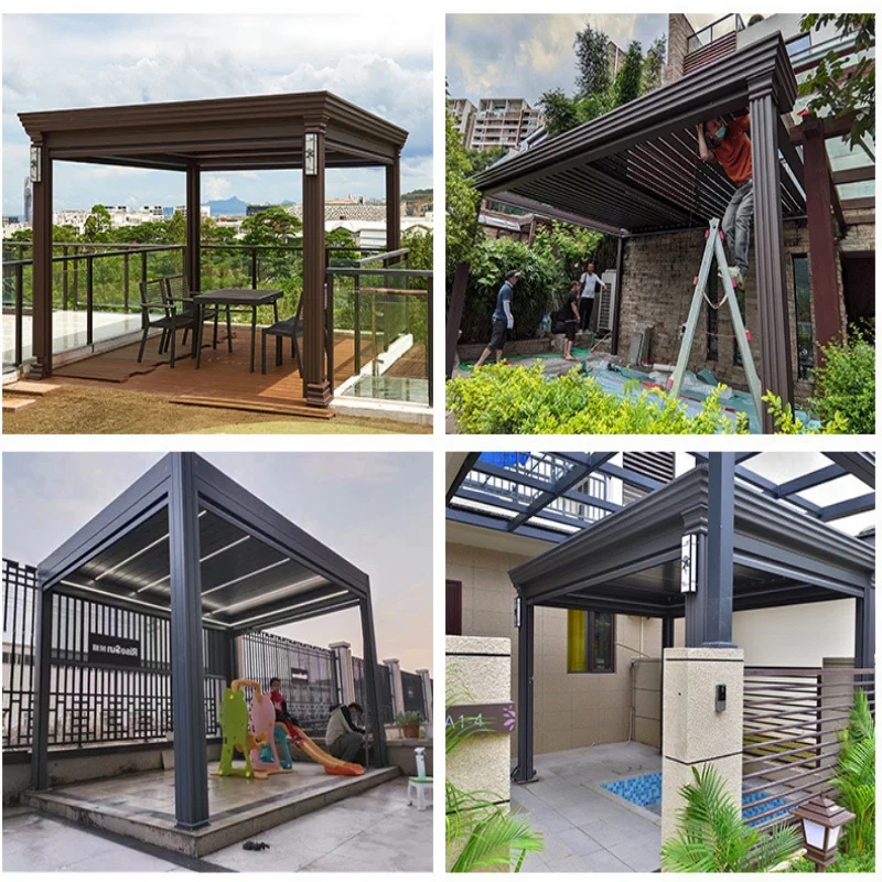 Aluminum motorized pergola Luxury Waterproof Hardtop Gazebo With Electric Roller Blind Sun Shade