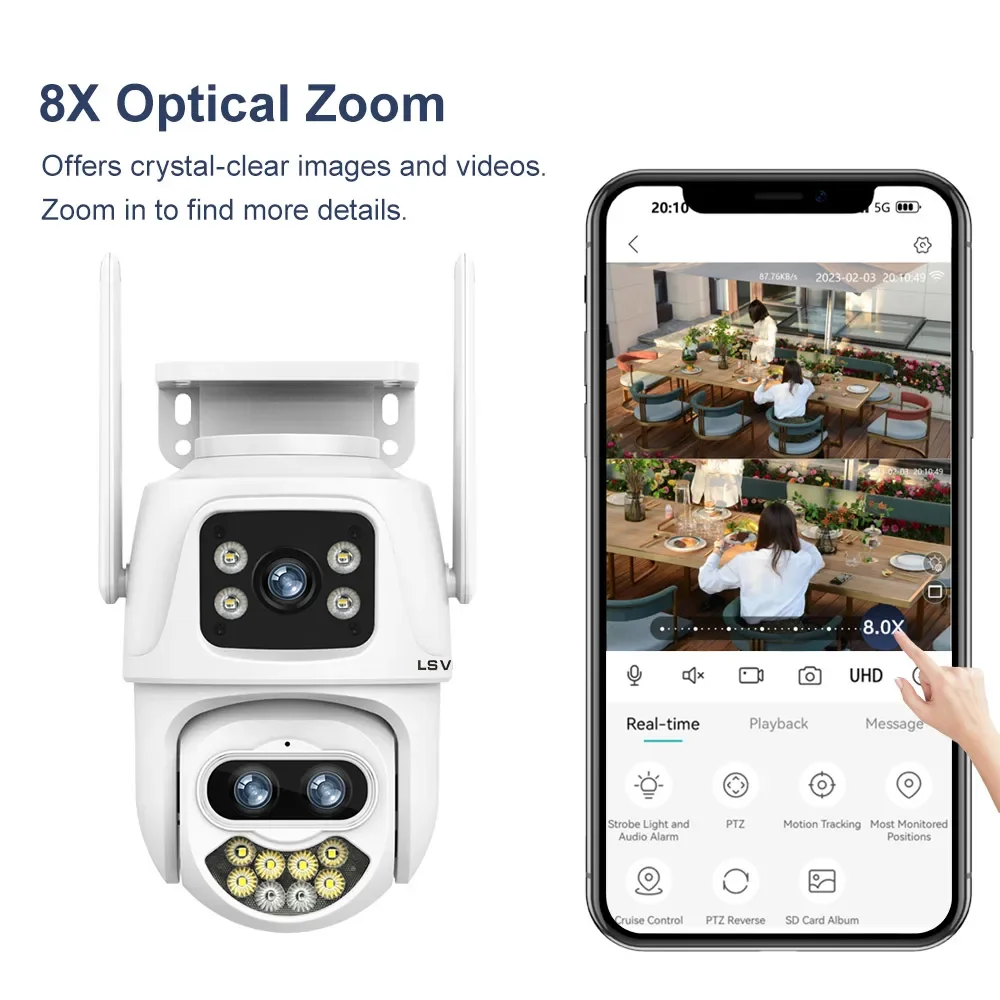 LS VISION 9MP 4K HD WiFi IP Camera Outdoor 8x Zoom Three Lens Dual Screen PTZ Camera Auto Tracking Onvif CCTV Camera iCSee App