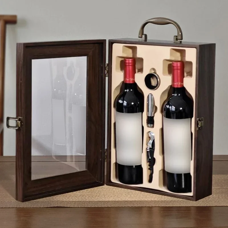 

New 2024 Luxury Lacquered Wooden Box Red Wine Packaging Gift Box with Handles Single and Double for Friends Partys Champagne Box