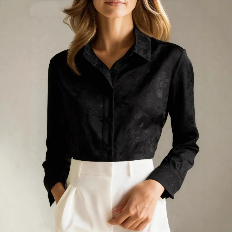 Women's Blouses Spring Fall New Style French High-end Jacquard Dark Pattern Lapel Long-sleeved Black White Shirt For Women Tops