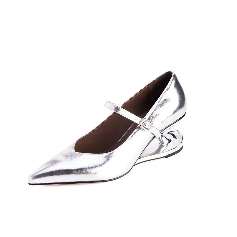 Women Pumps Dress Shoes Strange Heel Elegant Woman Cow Leather Mary Janes One Strap Pointed Toe Dress Retro Spring Pumps