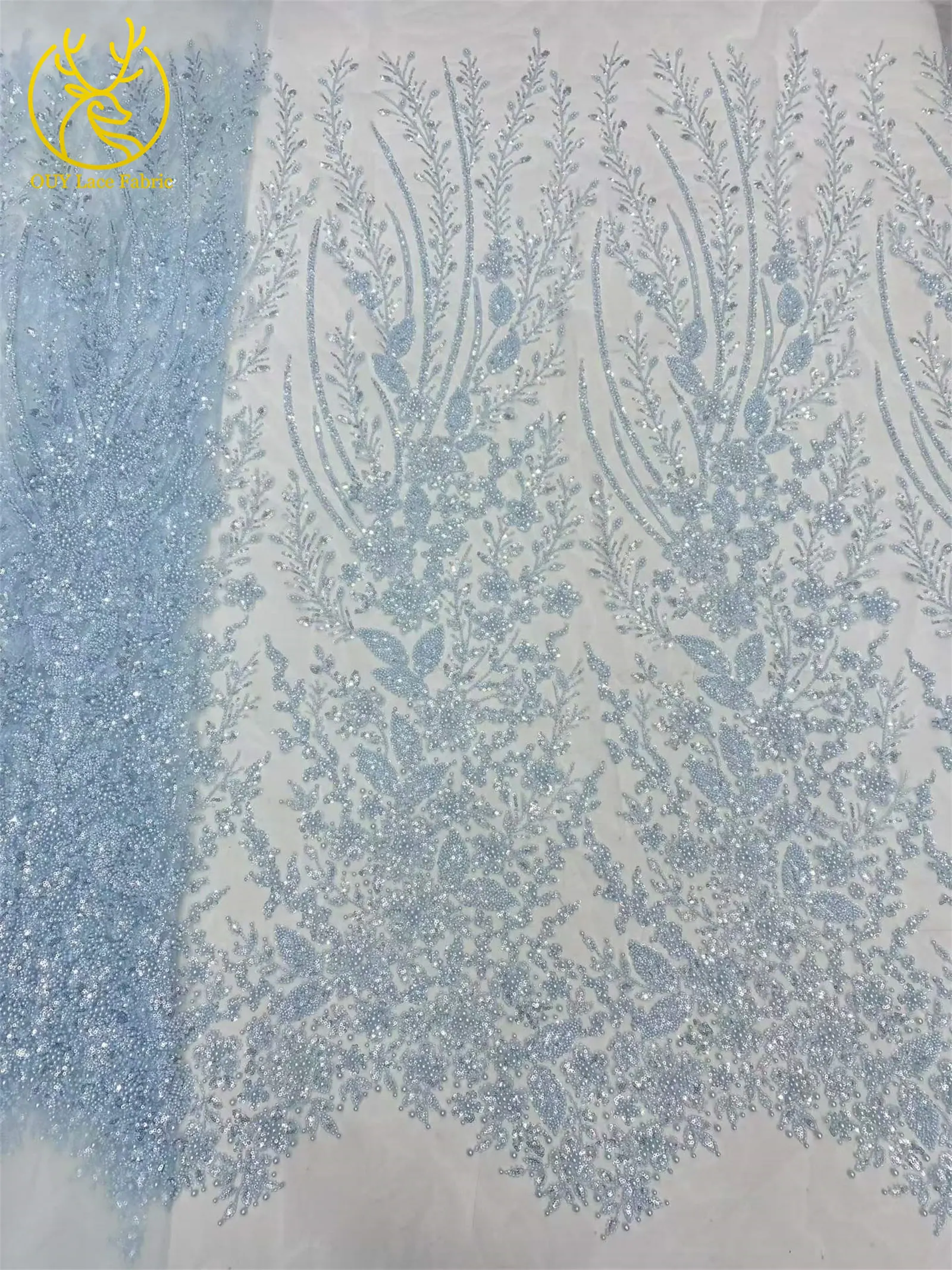 Afrikanischer handgefertigter bestickter Pailletten-Spitzenstoff, blauer französischer Tüll-Mesh-Spitzenstoff, nigerianischer Bankettkleiderstoff – Detail 12