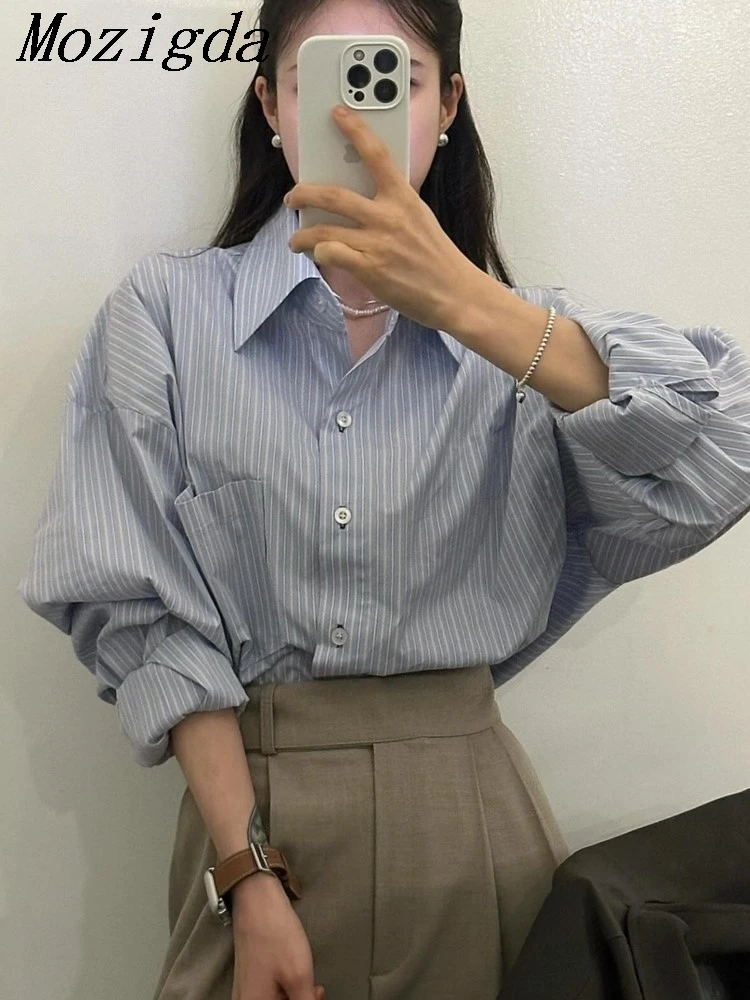 

Blusa Feminina Shirts for Women Long Sleeve Top Simple Loose Blue Striped Shirt Casual Wild Ropa Mujer Blouses Women's Spring