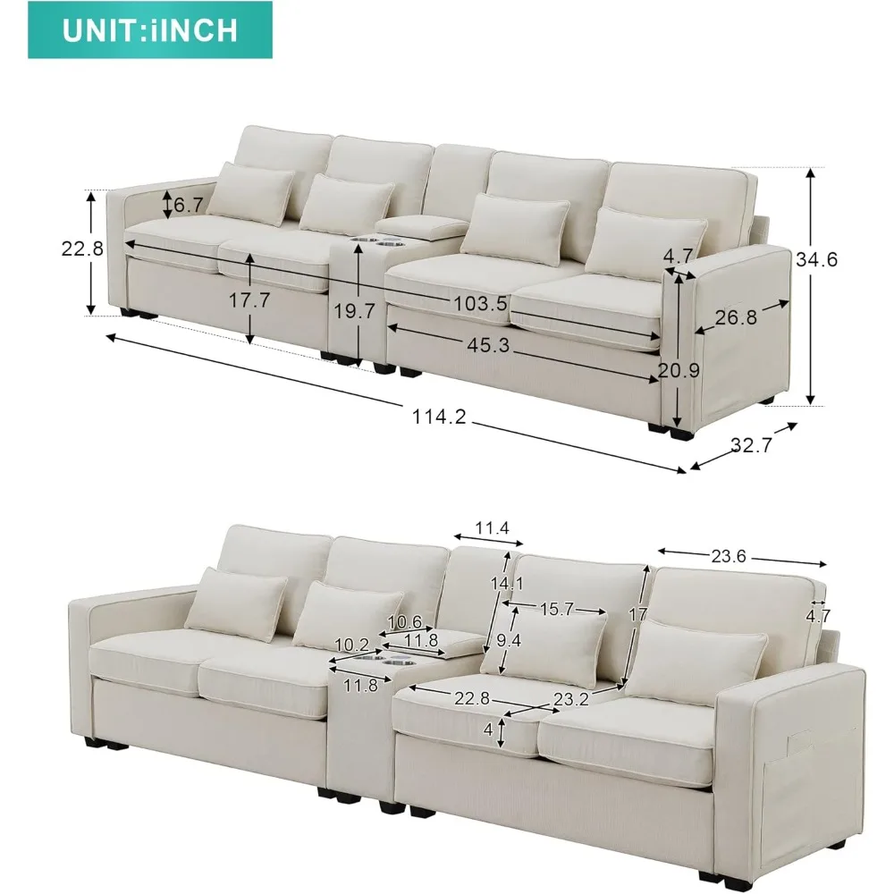 Upholstered Sectional Sofa with Console, 2 Cup Holders and 2 USB Ports & Wirelessly Charged, Modern Linen Fabric 4-Seat Couch