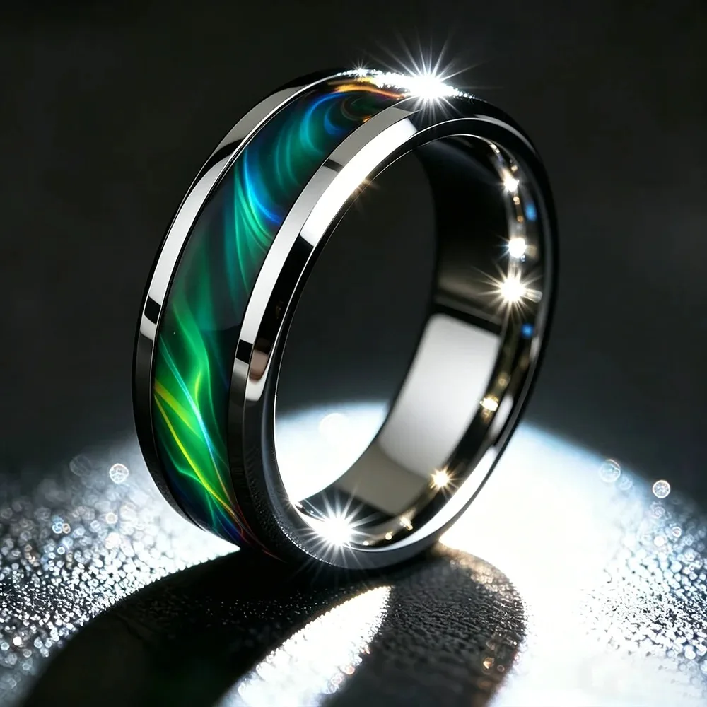 Men's Green Aurora Nebula Stainless Steel Ring, Silver Color Polished with Malachite Inlay, Punk Biker Jewelry Gift for Him