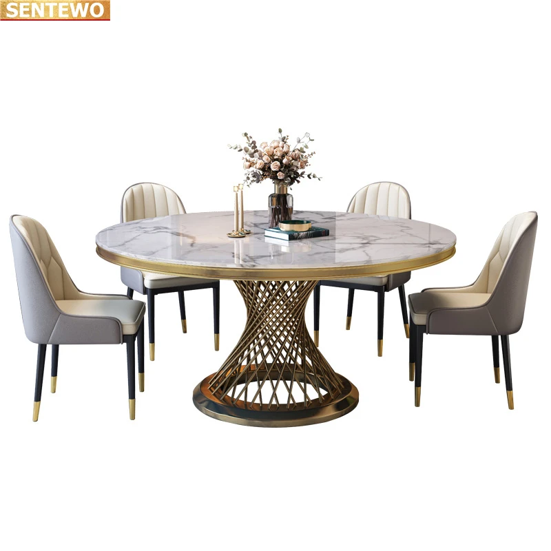 Designer Luxury round dinning Marble Rock Slab dining table set 4 chairs mesa comedor furniture marbre Stainless steel gold base