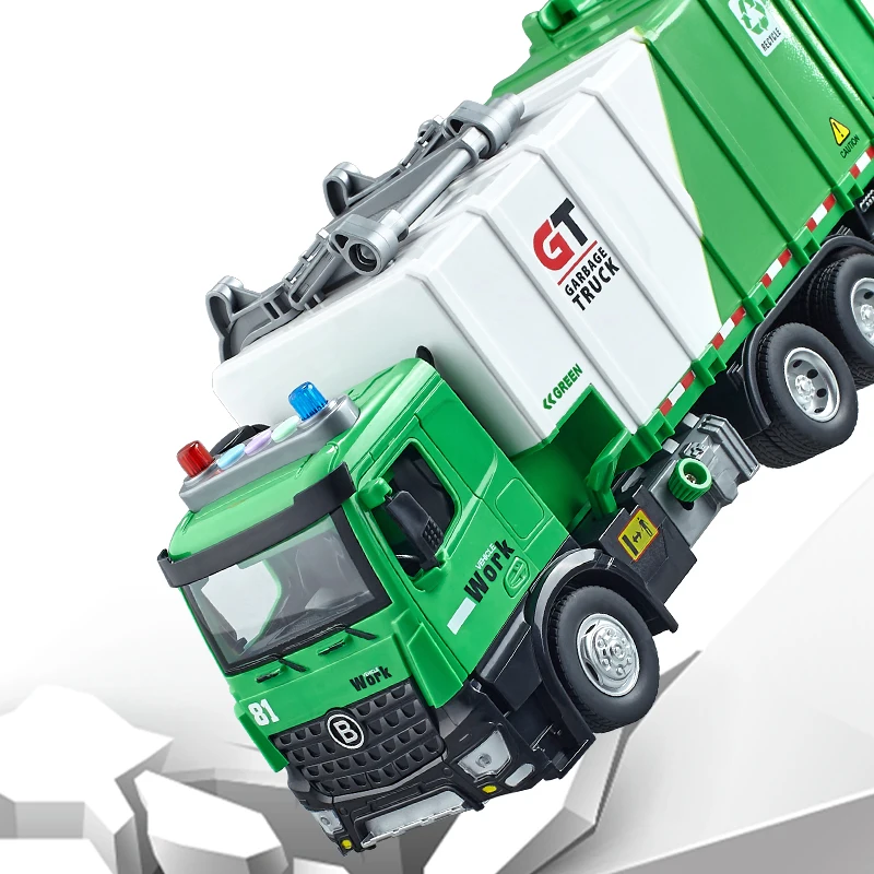 City Sanitation Truck Children Alloy Toys Model Metal Rubber Tire Dumping Recycling Function Rubbish Classification Kids Gift