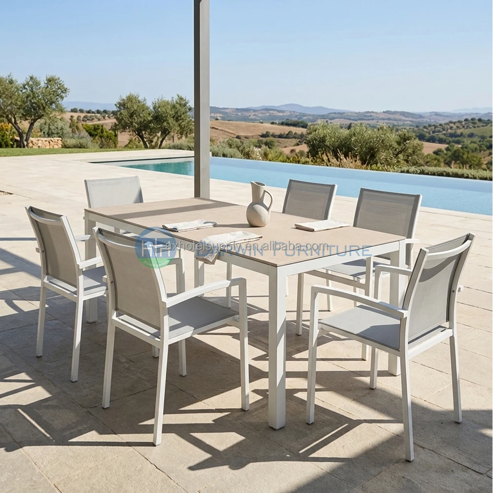 Light Luxury Outdoor Table White Aluminum Sintered Stone Top Waterproof Patio Garden Restaurant Table Chair Set