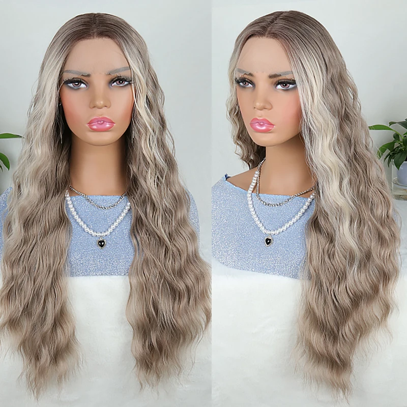 

Snowdrop Hair Synthetic Wigs Smooth Ash Blonde White High Quality Long Curly T Part Synthetic Lace Front Wig