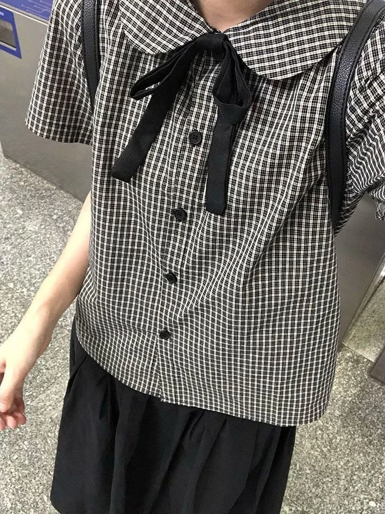 Deeptown Vintage Black Plaid Shirts Women Preppy Short Sleeve Peter Pan Collar Blouses Sweet Japanese Loose Babydolls Top Casual