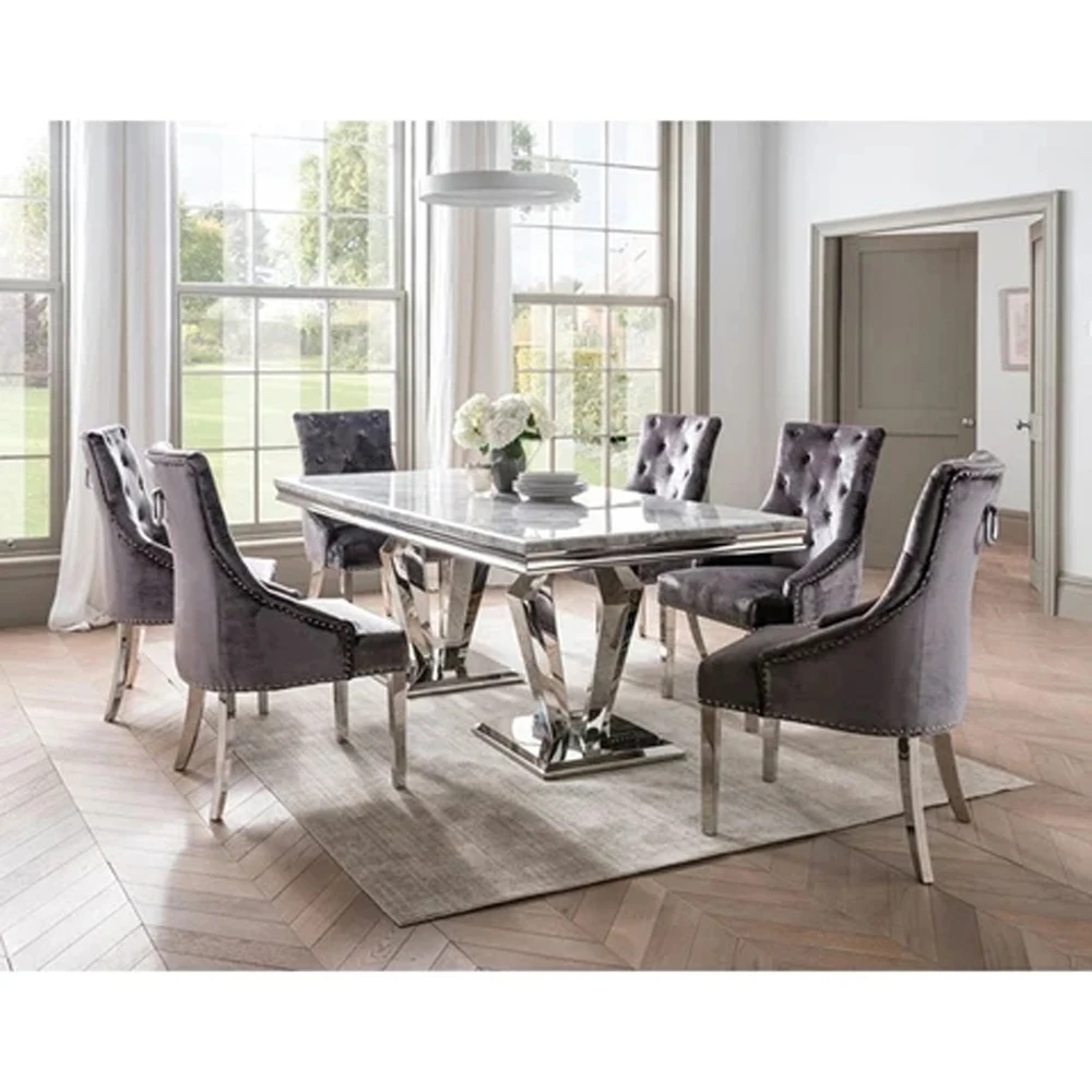 Furniture Chromed Stainless Steel Dining Table Set 6 Seater Marble Dining Table Modern Dining Table Set in Europe