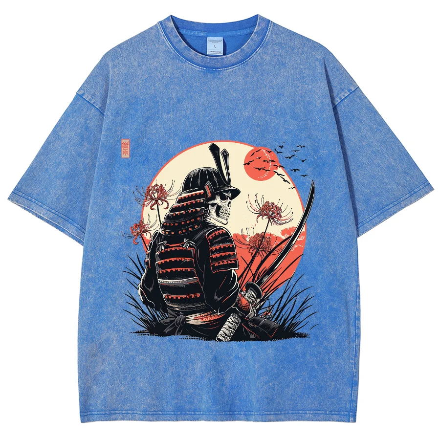 Fashion Trend Designer New T-Shirt Washed Denim Loose Shoulder Moonlight Skull With Knife Print Neutral Style Short Sleeve