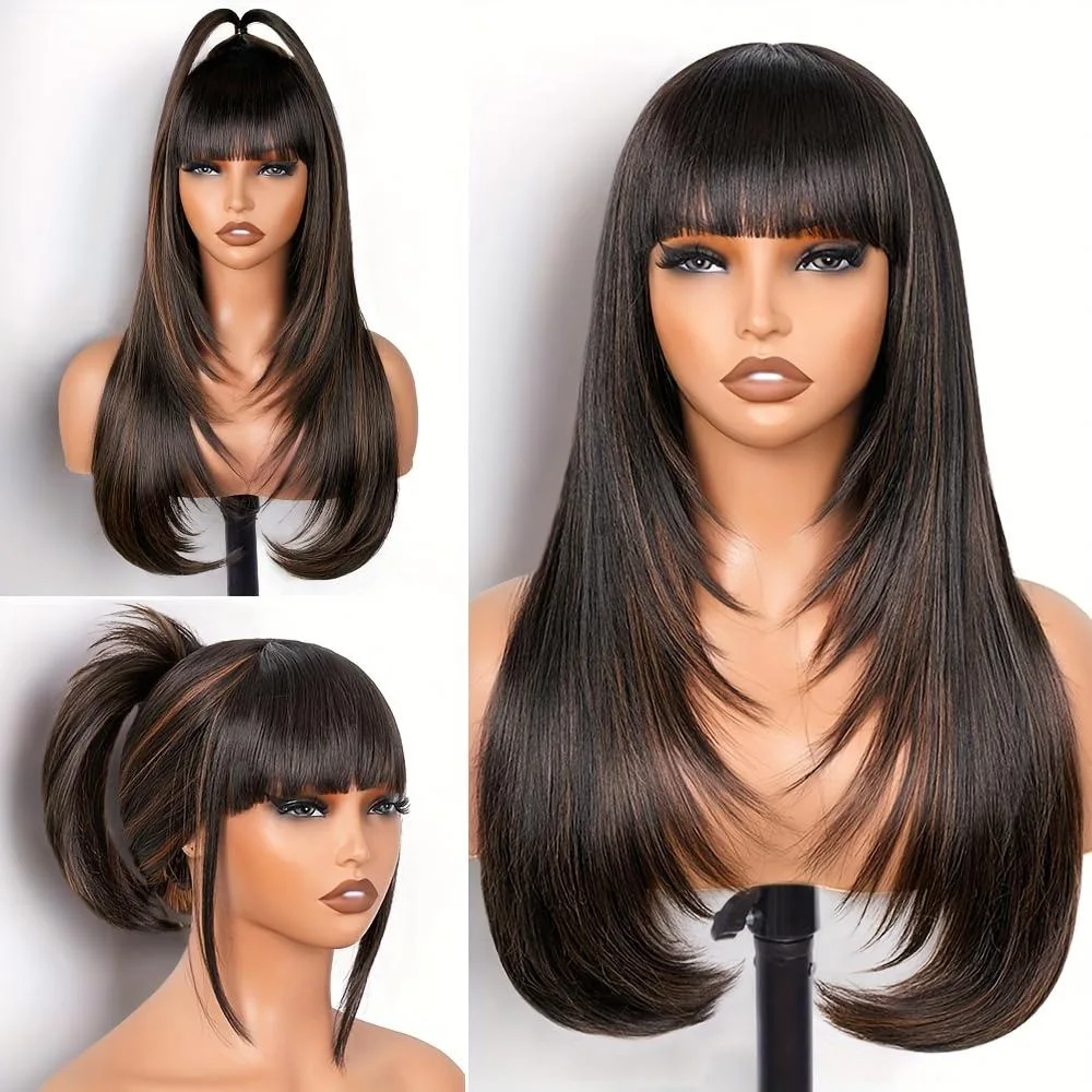Smooth and long straight hair with multiple color designs, high-end temperament, hair cover