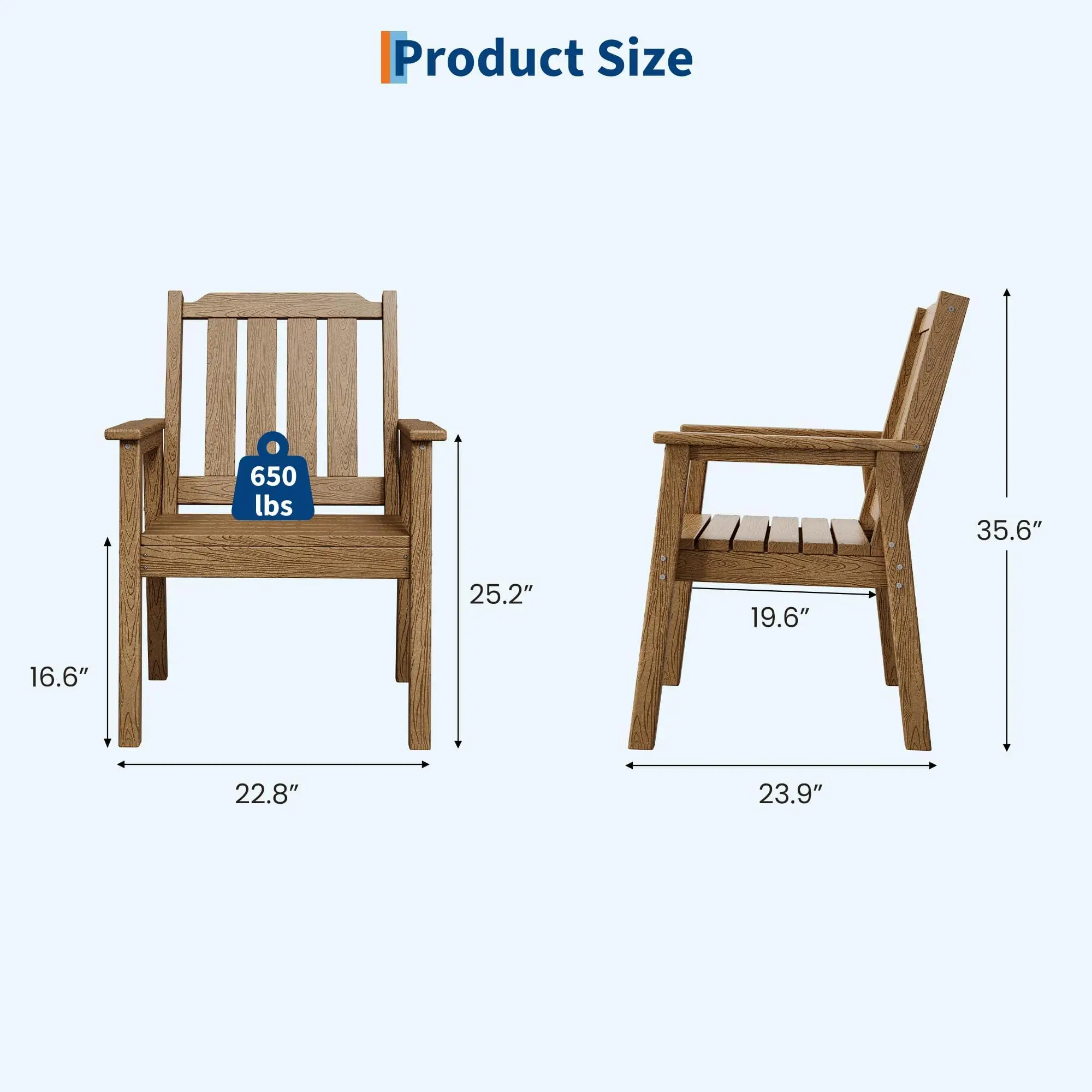 2‑Pack Patio Garden Dining Chairs with Armrests, Waterproof All‑Weather Wide Seat Chairs with Back Sturdy Frame for Outdoor Backyard Deck