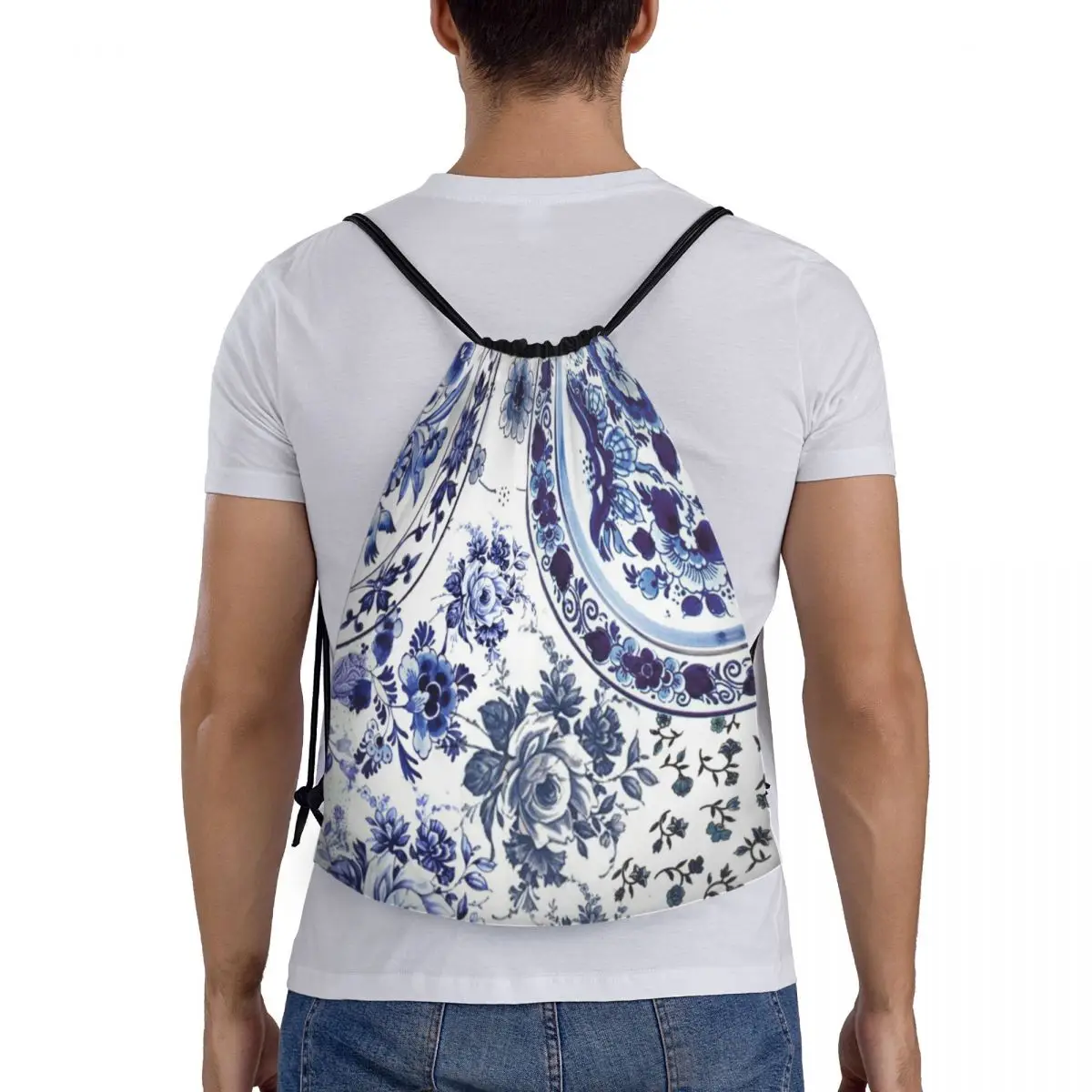 مخصص خمر Delft الأزرق الزهور الخزف طباعة الرباط على ظهره الرياضة حقيبة قاعة رياضة للنساء الرجال الأزهار الفن التدريب كيس