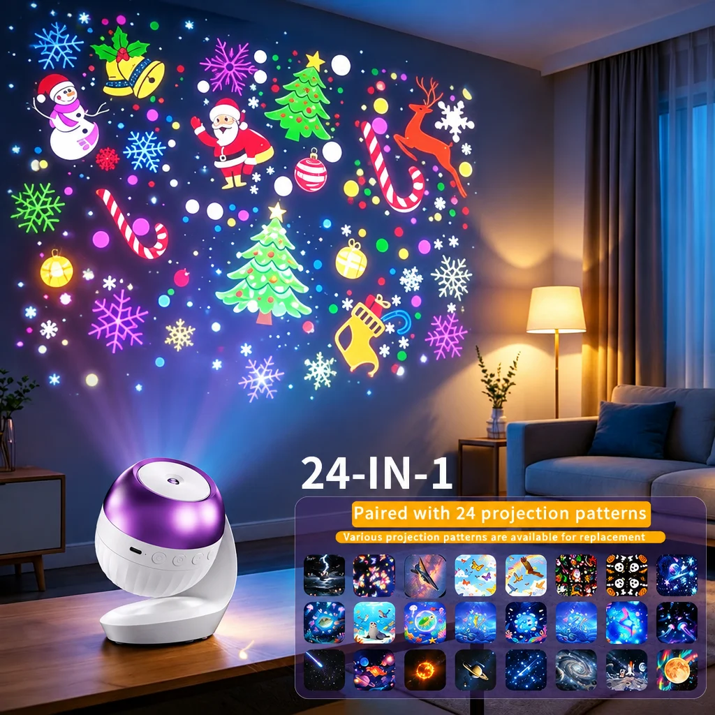 Christmas Ocean Projector Light with Sleep Sounds 24 Patterns 360°Rotatable LED Laser Stage Light for Bedroom Holiday Decor Gift